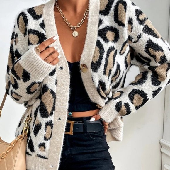 Boho Leopard Pattern Button Front knit sweater Cardigan - Picture 4 of 6